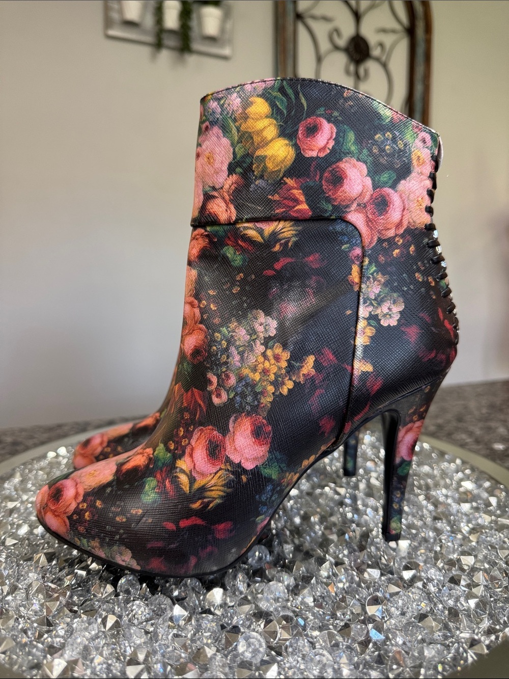 Impo Floral High Heel Ankle Bootie with braided heel accent NEW 6